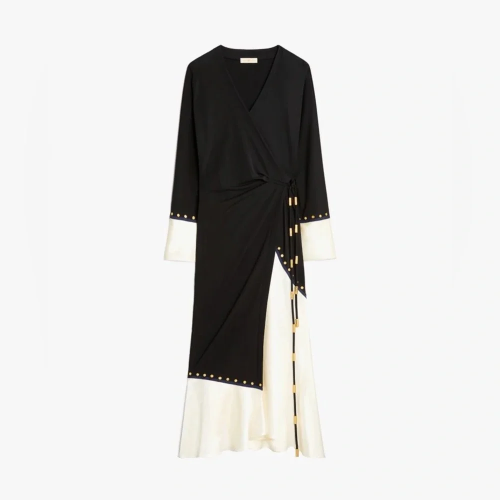 NWT $698 Tory Burch Mixed-Material Wrap Dress In Black